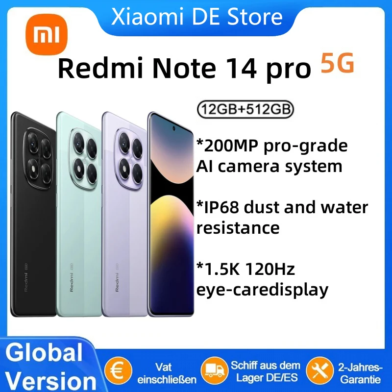 (Seulement noir minuit/vert corail disponible) Version mondiale Redmi Note 14 Pro 5G Smartphone 5G 200MP système de caméra AI de qualité professionnelle IP68 1.5K 120Hz Xiaomi