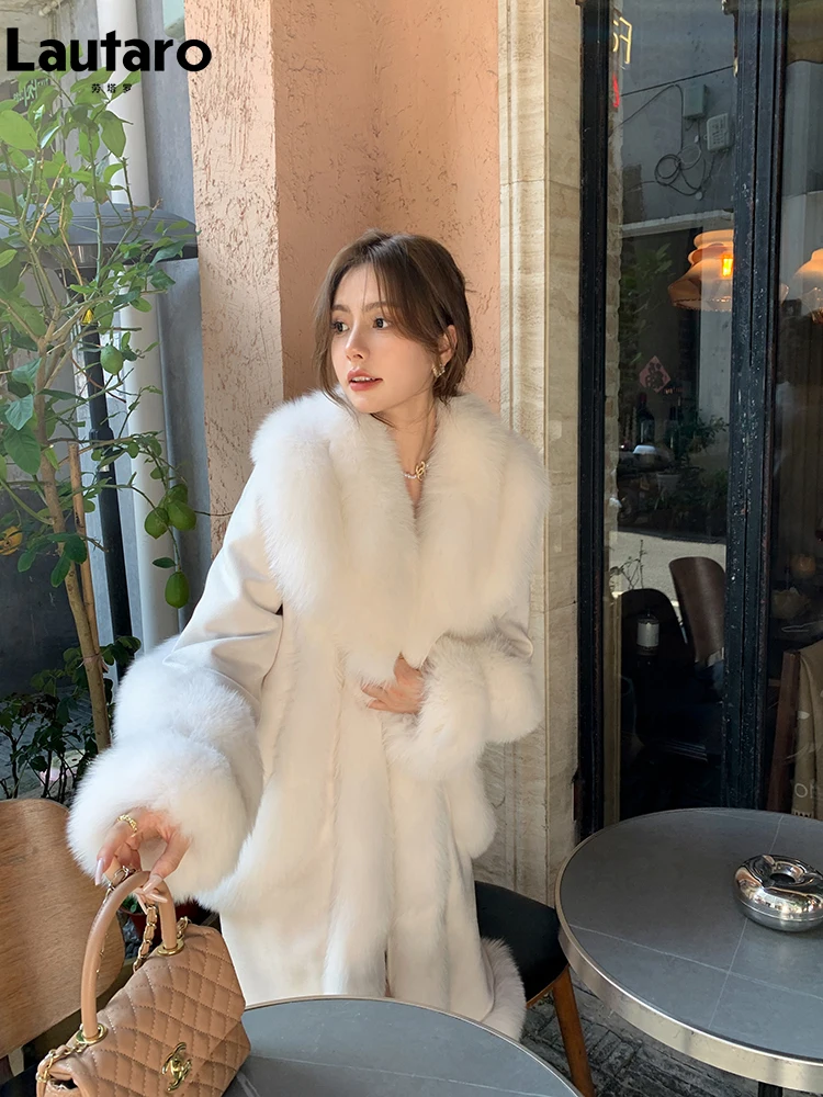 Lautaro Autumn Winter Luxury Soft Thick Warm Long Suede Patchwork Faux Fur Coat Women with Fake Fox Fur Trim Fluffy Overcoat