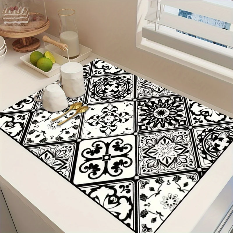 VIKAMA European-style Pattern Coffee Machine Mat Vintage Moroccan Non-slip Draining Mat Kitchen Counter Decoration