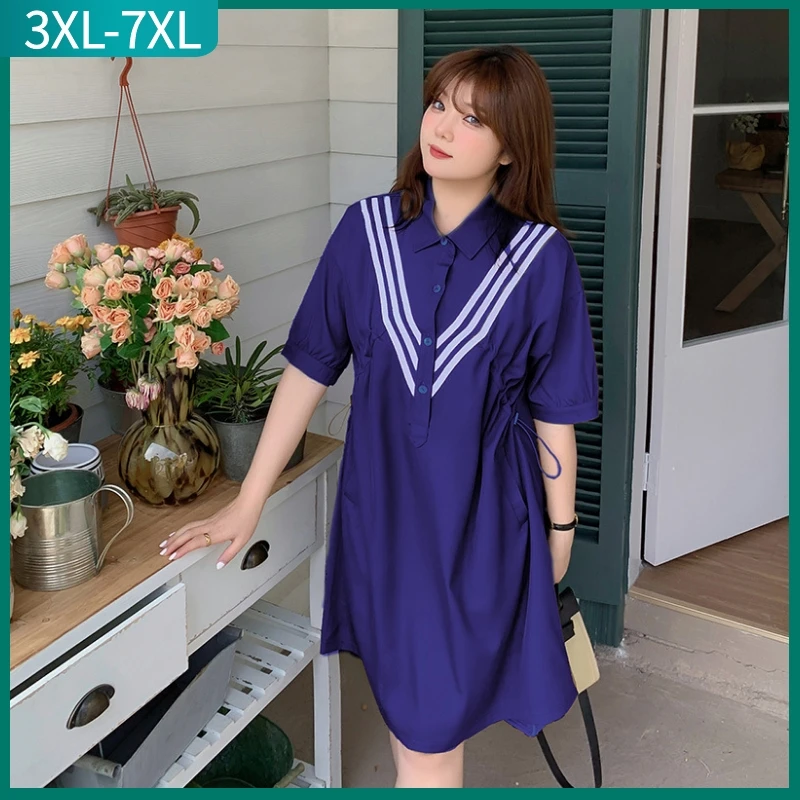 New 2023 Summer Plus Size Shirt Dress For Women Large Size Short sleeve Loose Blue Pocket Midi Dress 3XL 4XL 5XL 6XL 7XL