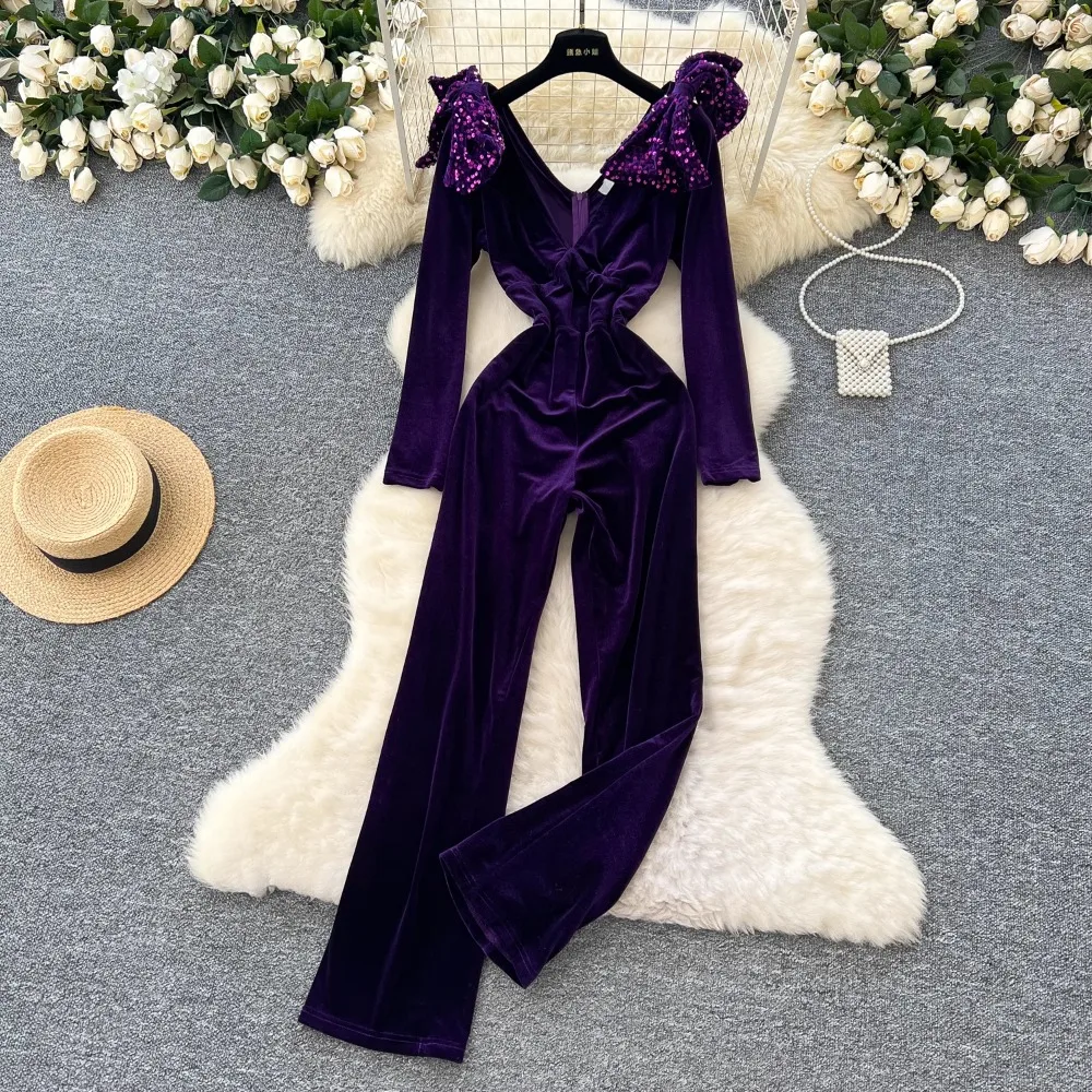 Elegant Long Sleeve Vintage V-neck Chic Glitter Sequin Bow Slim High Waist Jumpsuit High Street Winter Plus Size Velour Clothing