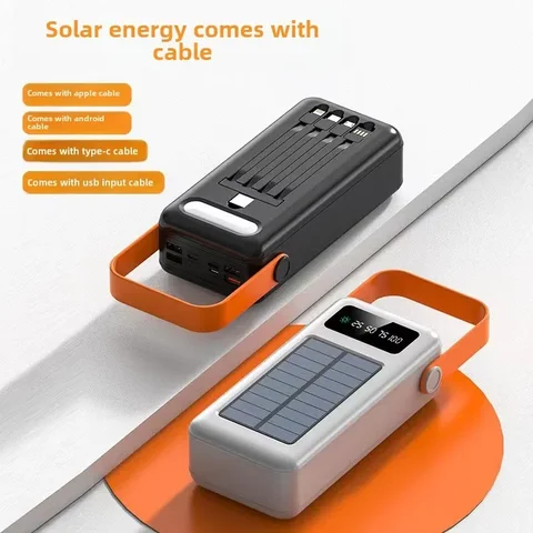 BCAK Solar Power Bank Власный кабель 50000 мАч 200000 мАч Большая емкость Открытый портативный мобильный телефон Источник питания для мобильных устройств