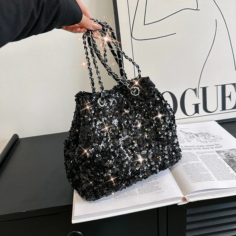 Sparkling Sequins Bucket Shoulder Bags Sense of Luxury Large Capacity Fresh Crossbody Bags for Women 2024 Fashion Versatile Hot