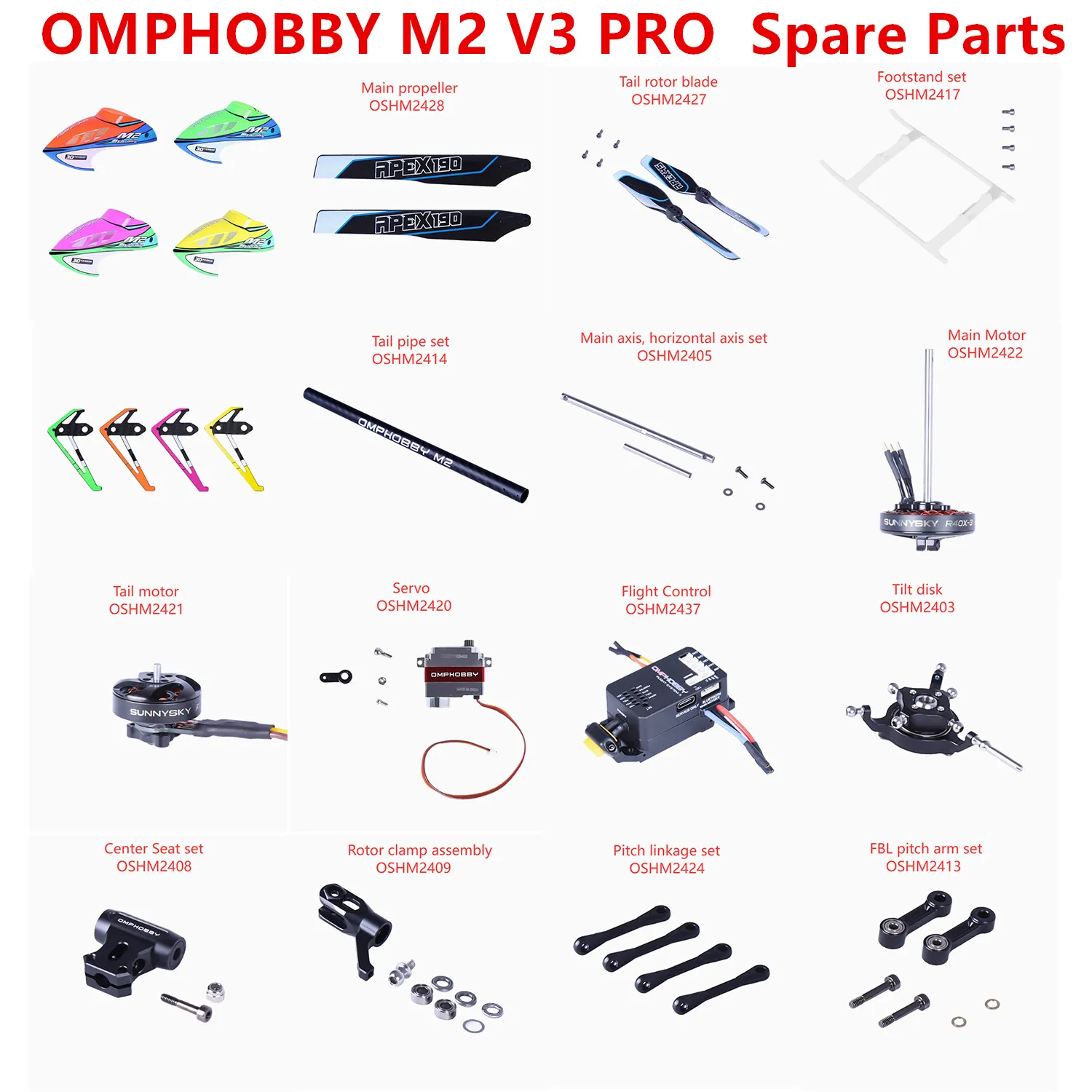 

OMPHOBBY M2 V3 PRO Запасные части для радиоуправляемого вертолета Пропеллер Двигатель Сервокорпус Вертикальное крыло Шасси Поперечная пластина Управление полетом