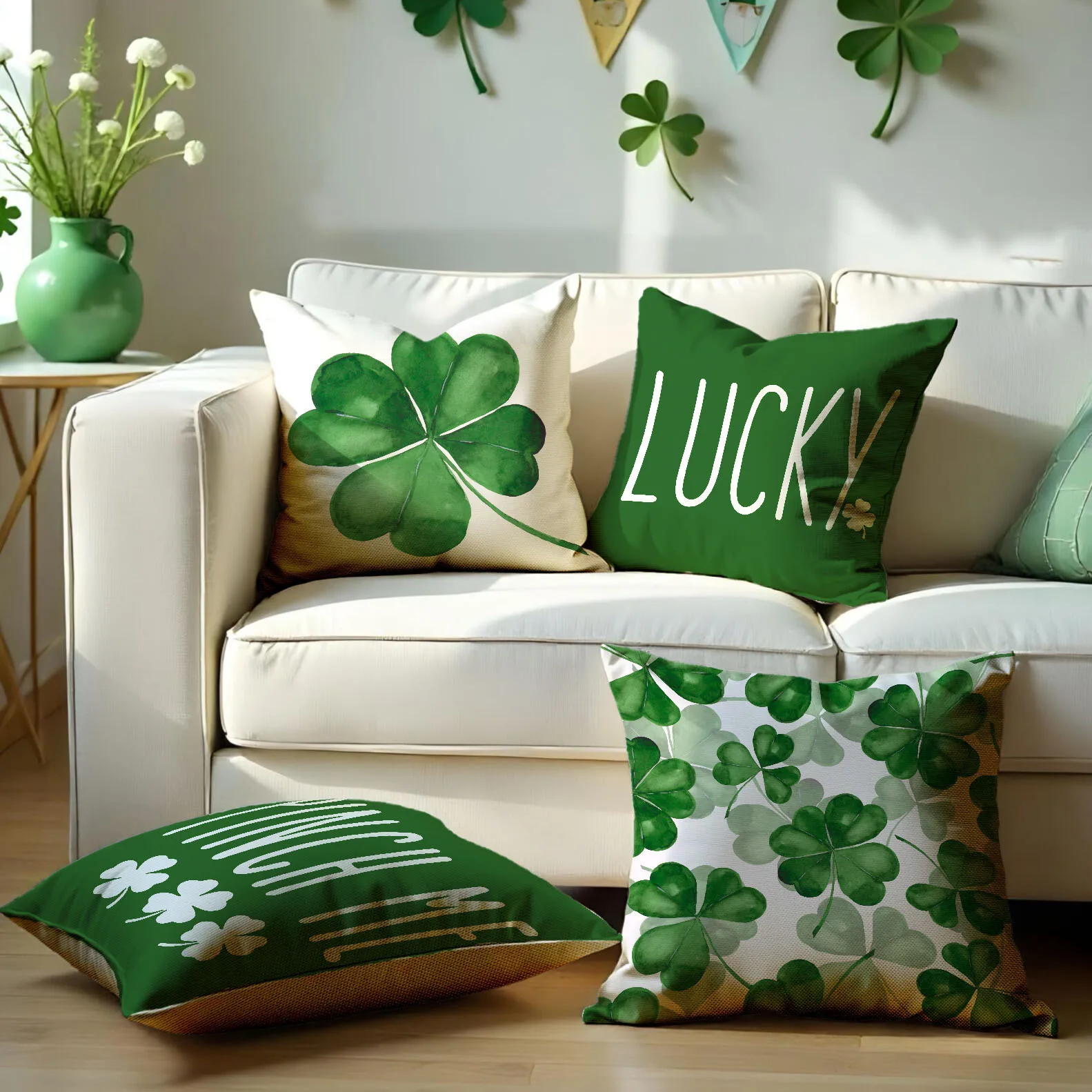 

Four Leaf Clover Green Printed Cushion Covers for Home Sofa Bed Throw Pillow Case Living Room Decorative