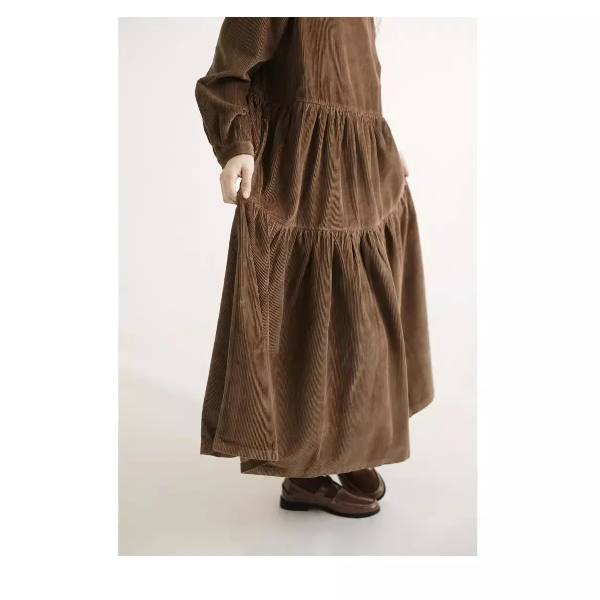 Corduroy Japanese Style Doll Scarf Autumn Long Sleeve Dress New Loose-Fit Slimming Simple A- Line Skirt Long Dress