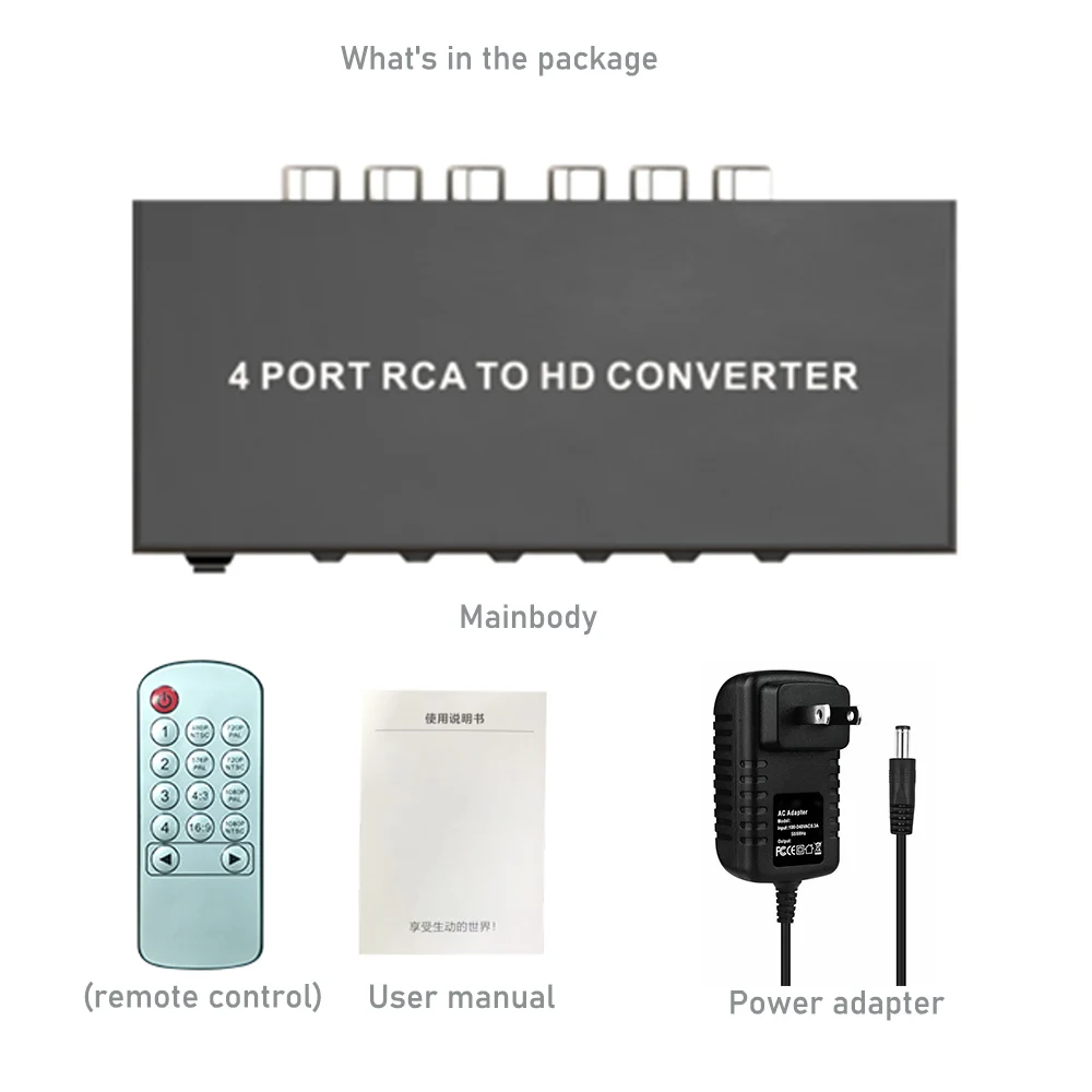 RCA to HDMI 1080P Converter Switch 4 in 1 out Composite AV to HDMI Scaler Switch converter with Remote 3 RCA AV in HDMI out