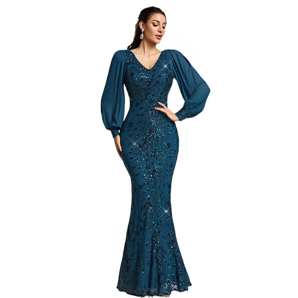 

Великолепное вечернее платье с двойным V-образным вырезом, длинными рукавами, сетчатыми вставками, пайетками и силуэтом «рыбий хвост», зеленое