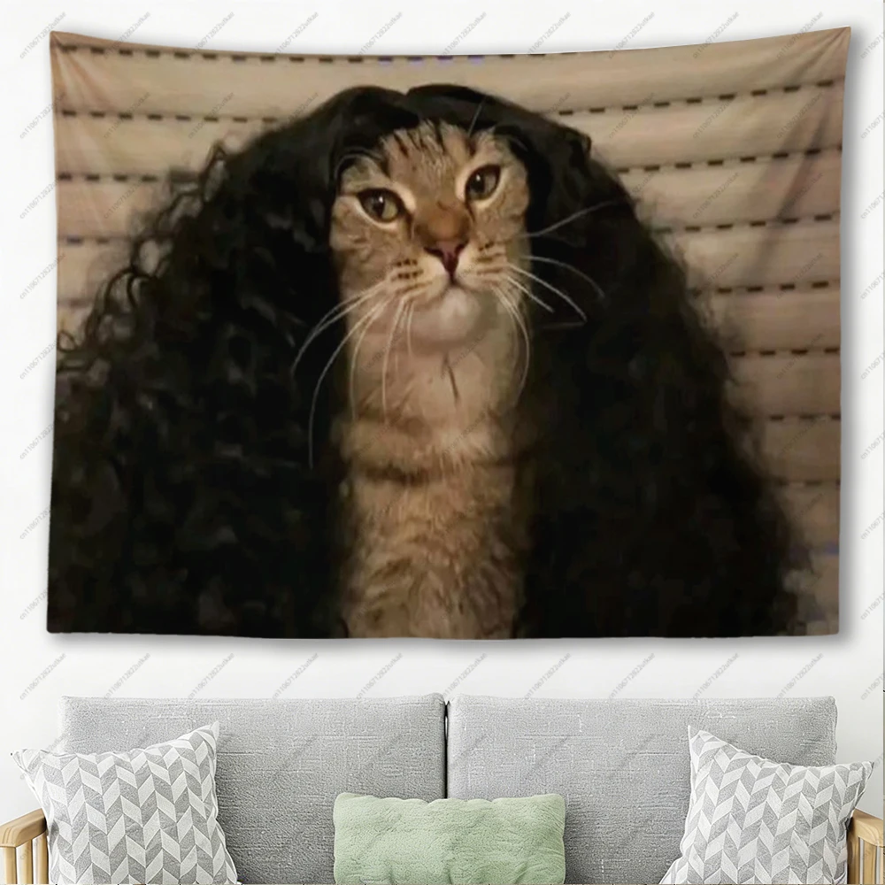 Funny Curly C-Cucurella Wig Cat Tapestry Meme Cat Wall Hanging Bedroom Dorm Aesthetic Decor Gift