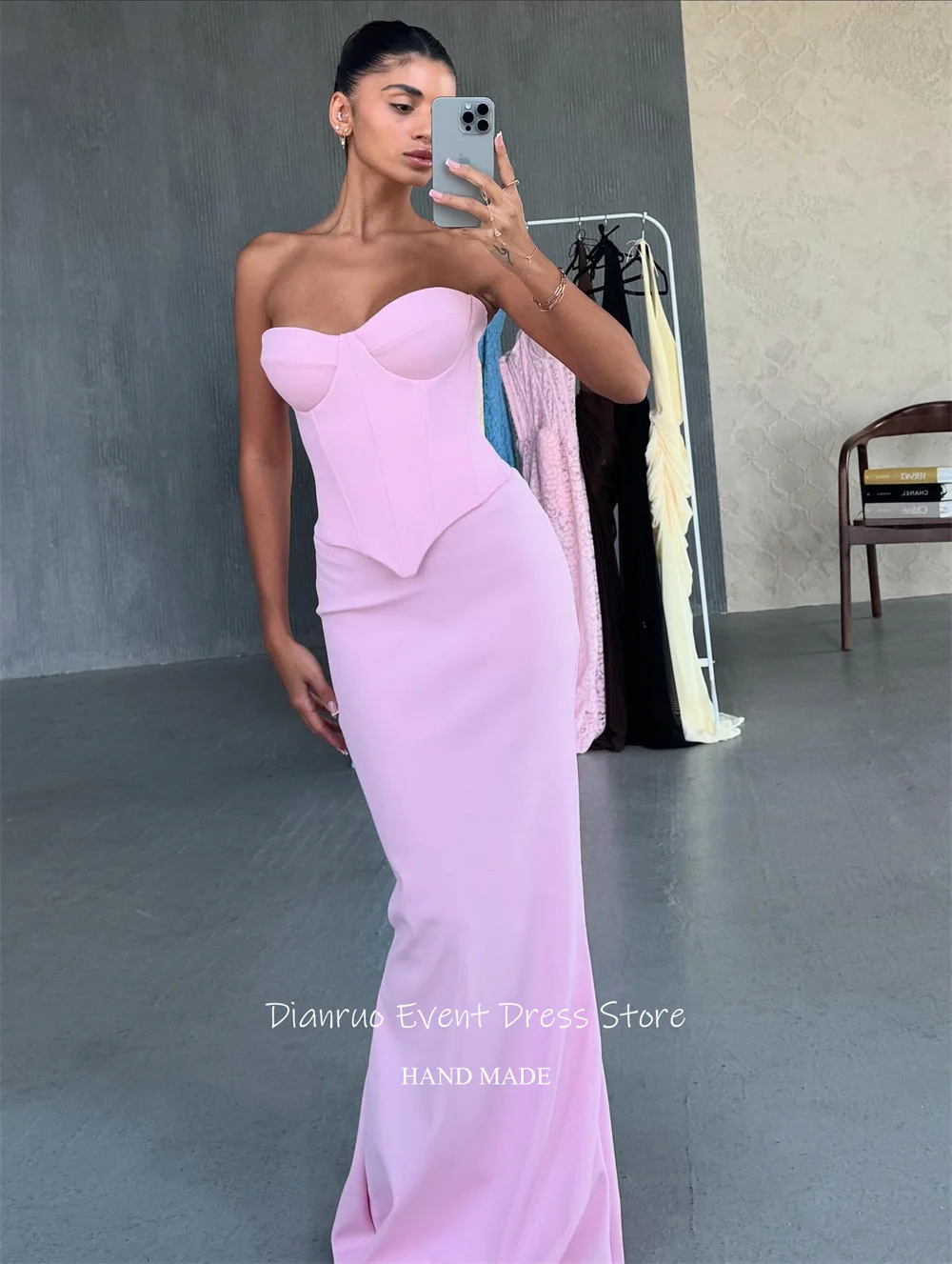 Dianruo 인어 연인 이브닝 드레스 핑크 심플 로브 드 Soirée Femme 민소매 바닥 길이 Vestidos De Gala Customized