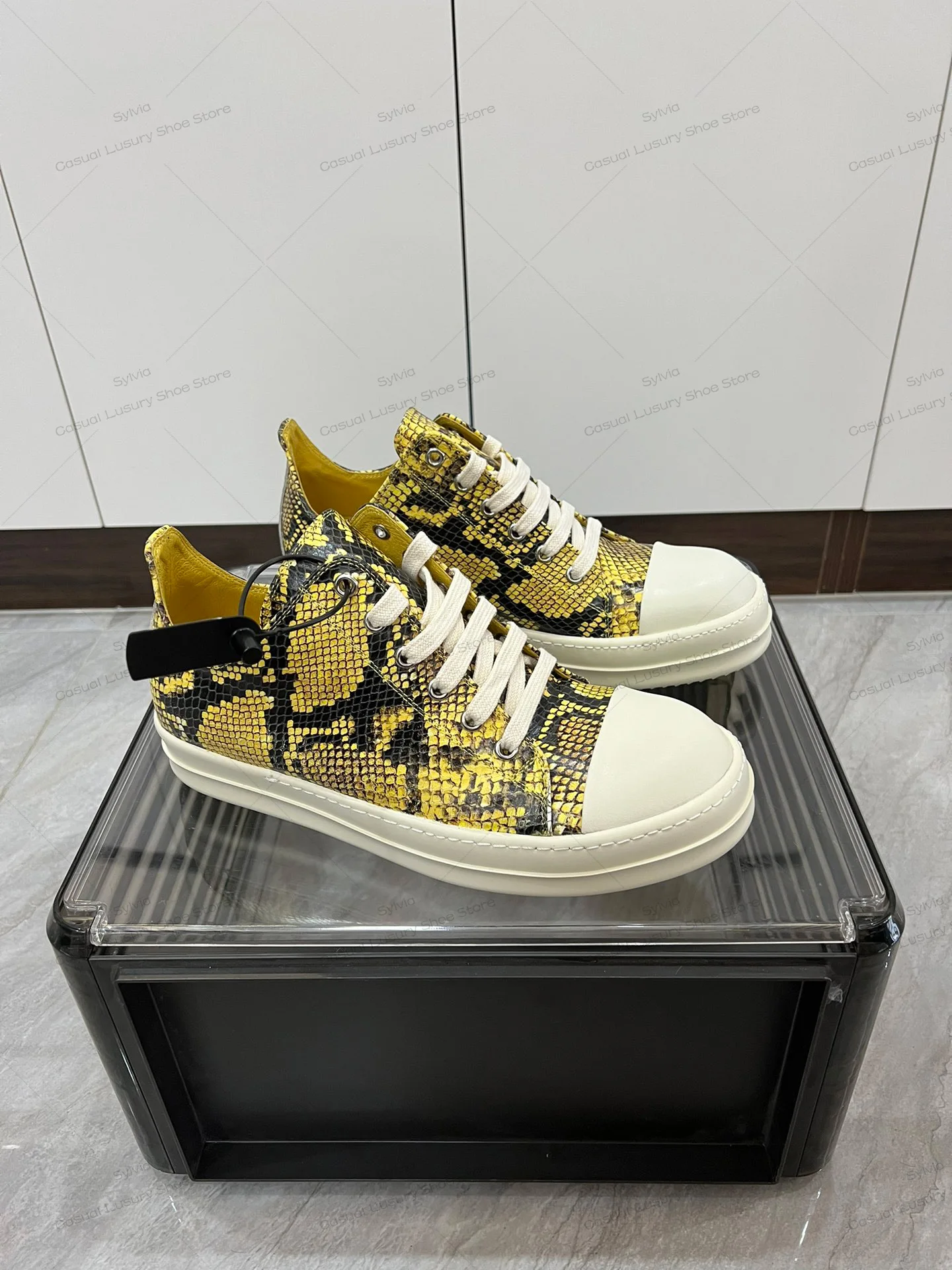 Brand Design Ricks Casual Shoes Men Owens Casual Shoe Women With Yellow Multi color Python Cowhide Low-Top Lace-Up Flat Sneakers