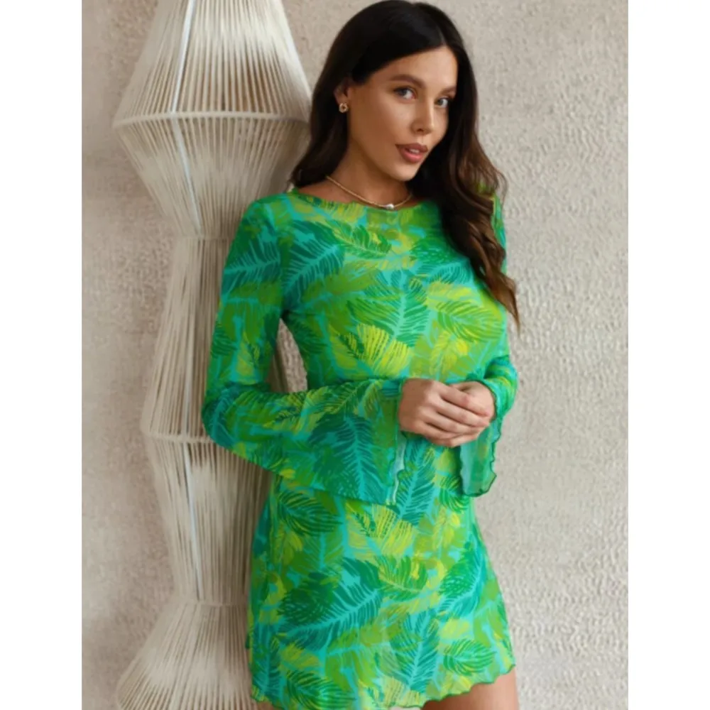 

Летнее женское пляжное платье с длинными рукавами и сетчатым принтом, сексуальное прозрачное кружевное платье на шнуровке, пляжная цельная короткая юбка