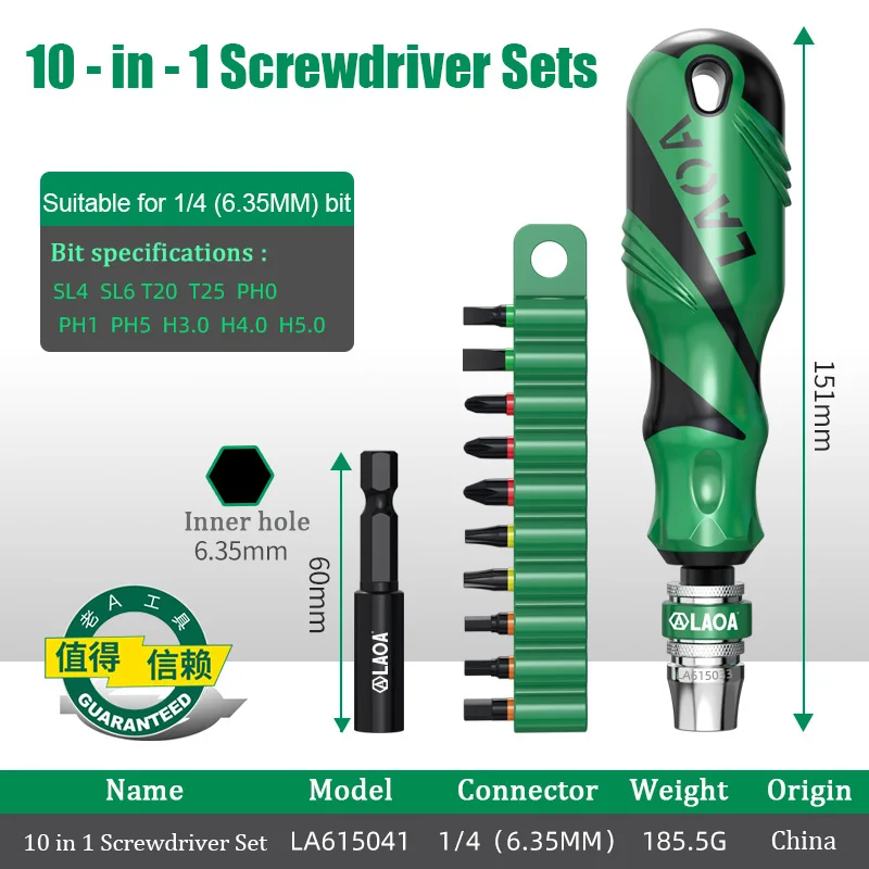 LAOA 10-in-1 schroevendraaiersets Magnetische schroevendraaierbits met snelle ontgrendeling Kruiskopschroevendraaier Verlengstang Huishoudelijk reparatiegereedschap