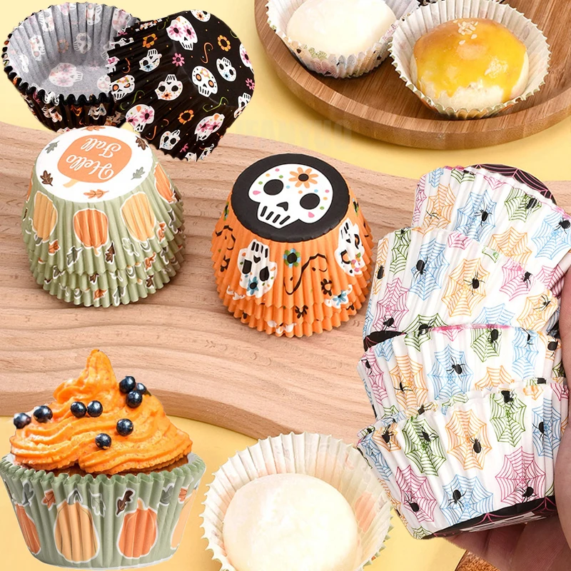 100 Uds. De papel temático de Halloween para magdalenas, envoltorios para hornear, patrón de calavera, decoración para pastel, postre, suministros para fiesta de cumpleaños, Baby Shower