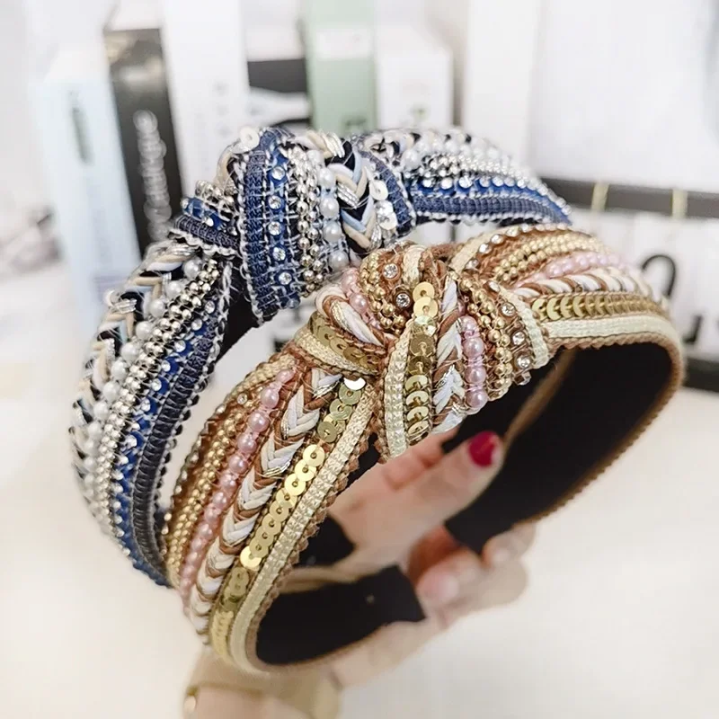

Women Girls Vintage Bohemian Embroidery Gold Glitter Knot Hairband Headband Hair Jewelry Hair Accessories