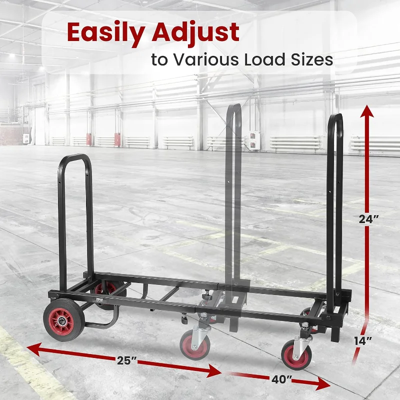Pyle Compact Folding Adjustable Equipment Cart - Heavy Duty 8-in-1 Convertible Cart Hand Truck/Dolly/Platform Cart with R-Trac