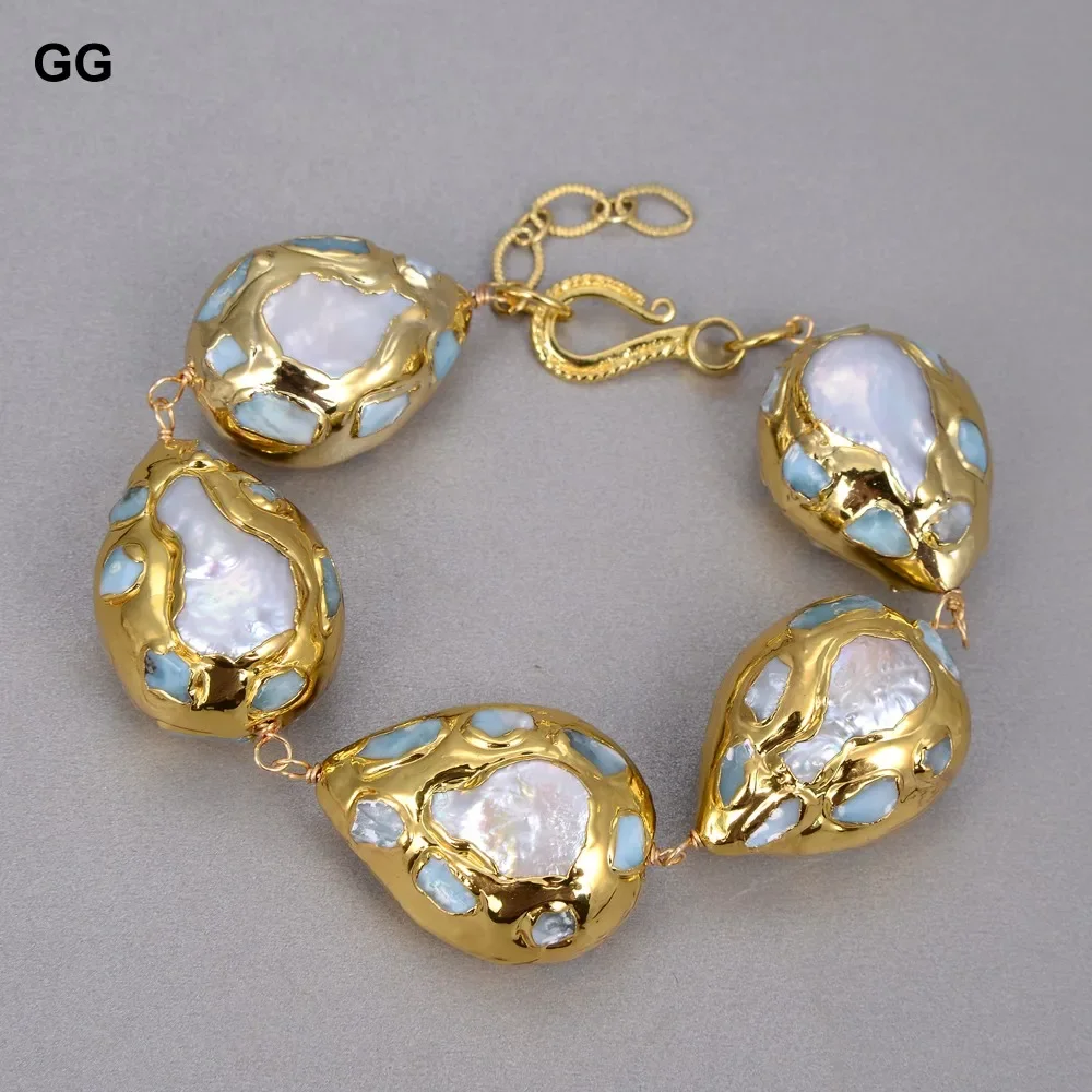 

GG Natural Freshwater White Keshi Pearl Teardrop Blue larimar Chips Pave Wrap Bracelet