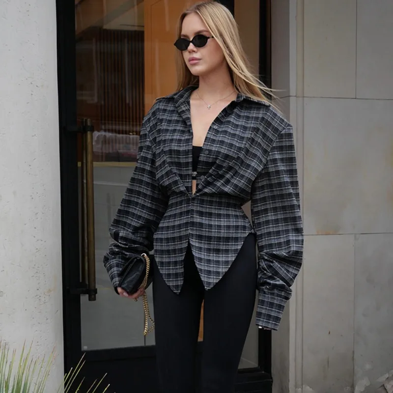 เสื้อเชิ้ตผู้หญิงแฟชั่นลายตารางหมากรุกสไตล์วินเทจ คอวี ทรงไม่สมมาตร แบรนด์ Talenza สำหรับฤดูใบไม้ผลิและฤดูใบไม้ร่วง สวมใส่สบายๆ เหมาะกับการเดินทาง ดูเก๋ไก๋และสง่างาม