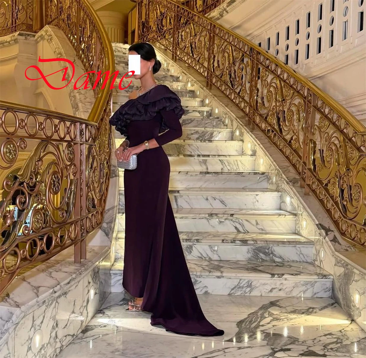 Customized Exquisite Purple Jersey Evening Dress Delicate Strapless Off the Shoulder Long Sleeves Zipper Back Homecoming Dress