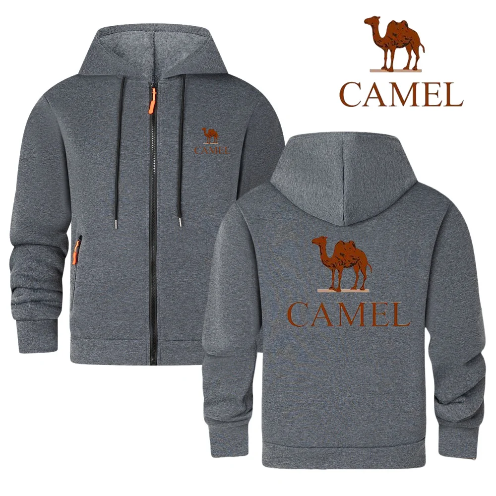 CAMEL brand men's casual sportswear, autumn and winter zipper cardigan, printed wool jacket, warm hoodie
