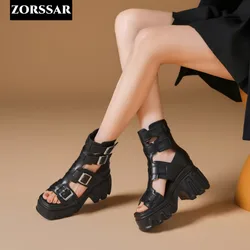 High Heels Sandals Woman Gladiator Open Toe Sexy Black Belt Buckle Punk Heel Platform Shoes Summer Back Zip Women Summer Boots