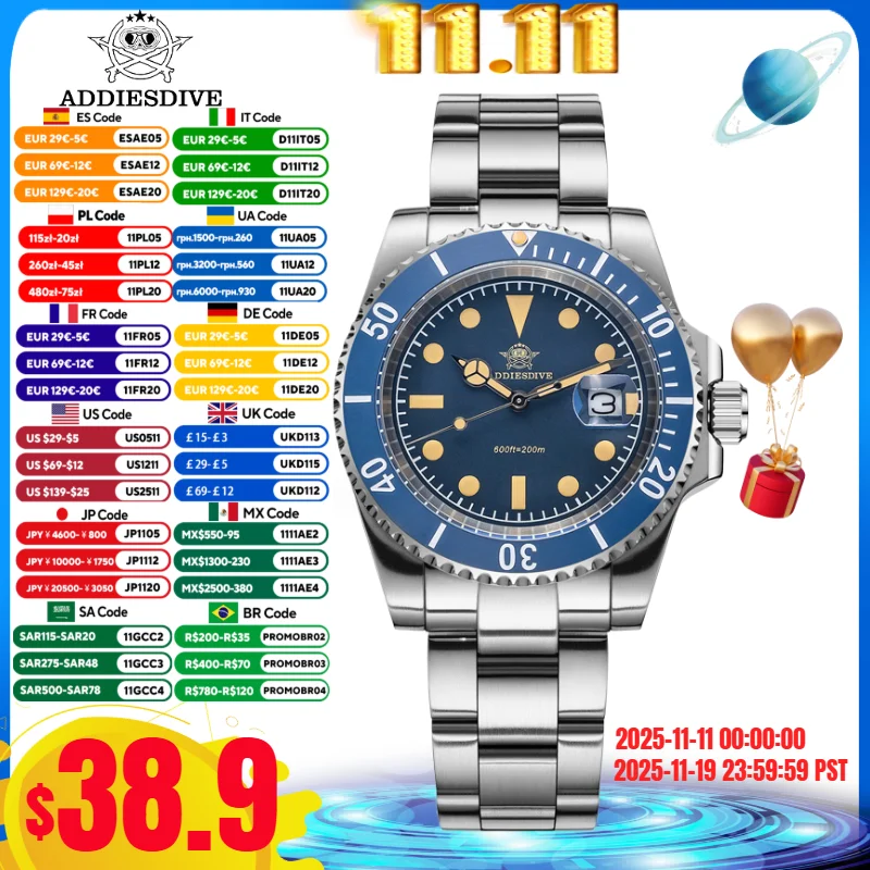 ADDIESDIVE часы для мужчин дата 200 м водонепроницаемые нержавеющая сталь 316L C3 супер светящиеся кварцевые часы керамический безель