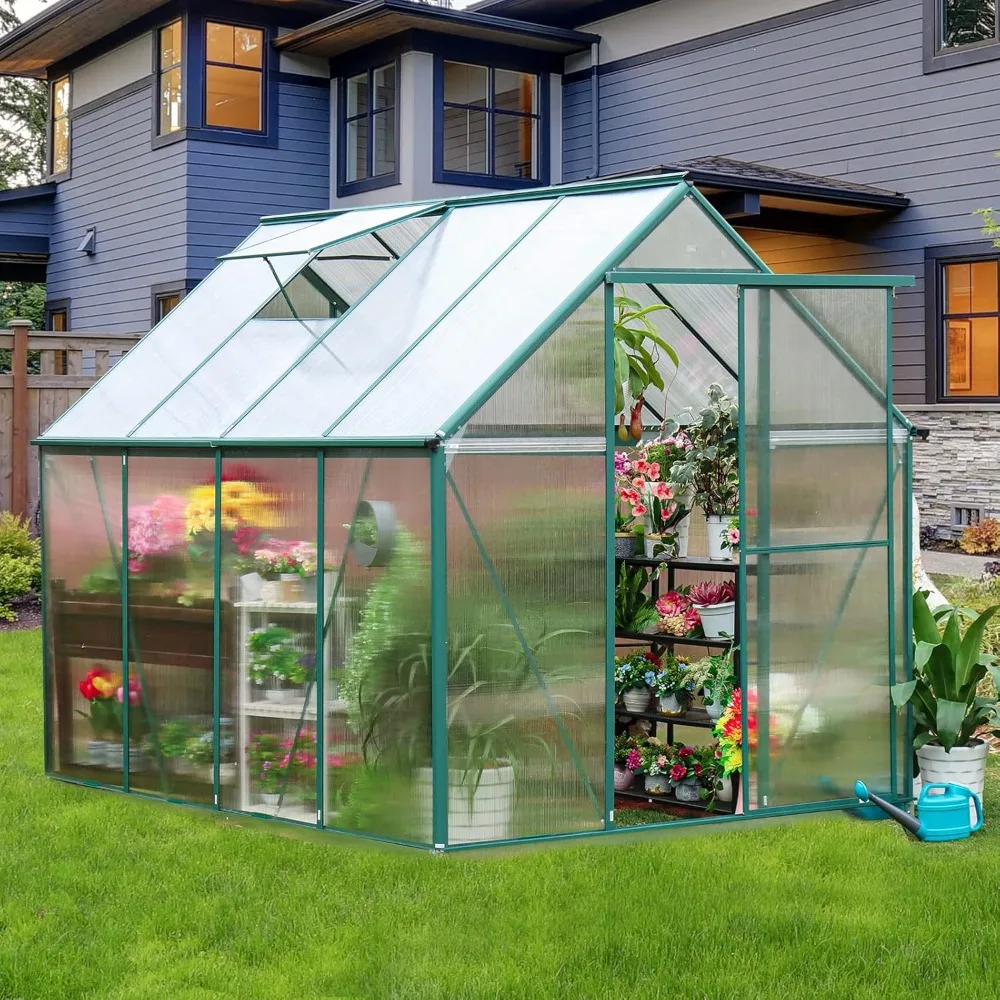 6x6x8 FT Heavy-Duty Greenhouse with Polycarbonate Panels, Sliding Door, Hinged Roof Vents, and Rain Gutters