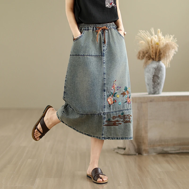 

Summer New Sle Embroidered Flower Denim f Skirt Women's Elastic Waist Dstring Umbrella Skirt Thin Model Chinese Sle