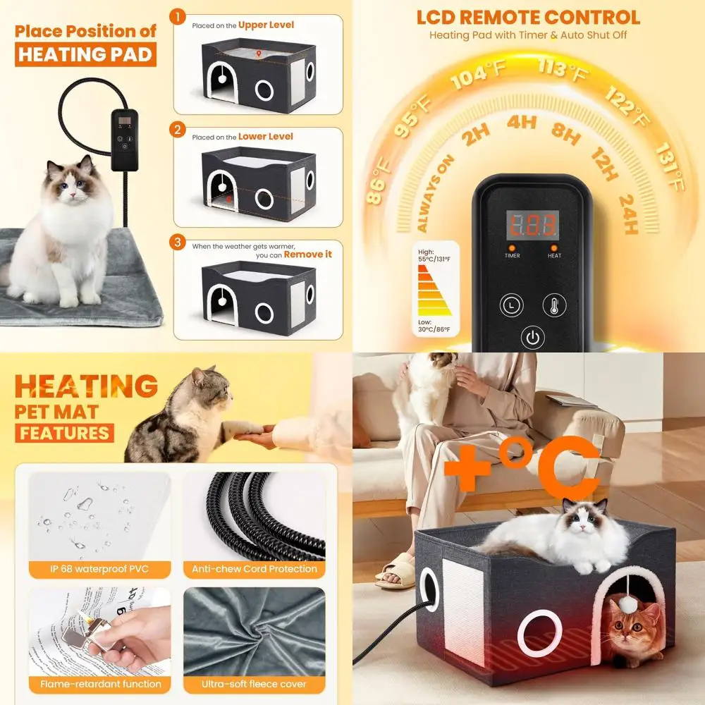 

Большая регулируемая по температуре лежанка для кошек с таймером, защитой от перегрева и кусостойким шнуром для всех размеров кошек