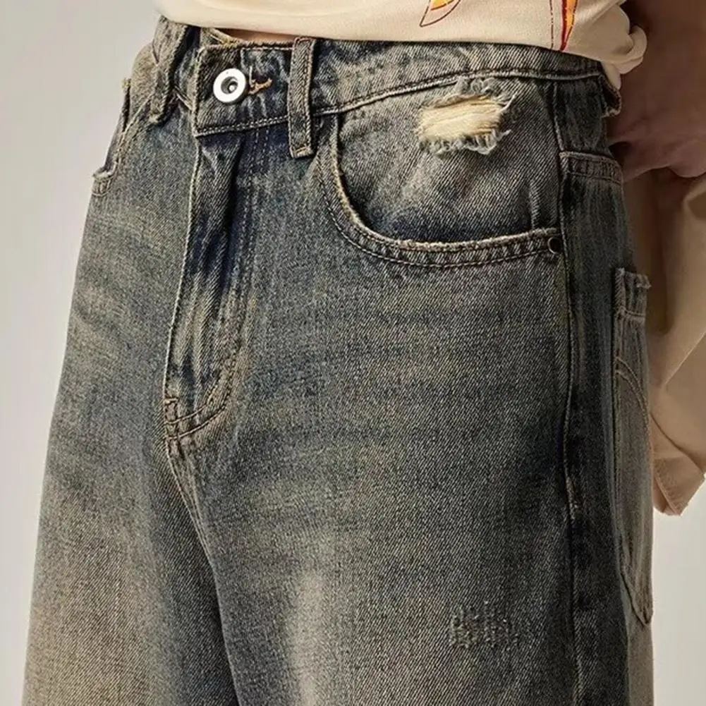 Summer Men's Denim Pants Old Blue Washed Male Jeans Straight Casual Menwear Loose Wide Leg Trousers New Fashion