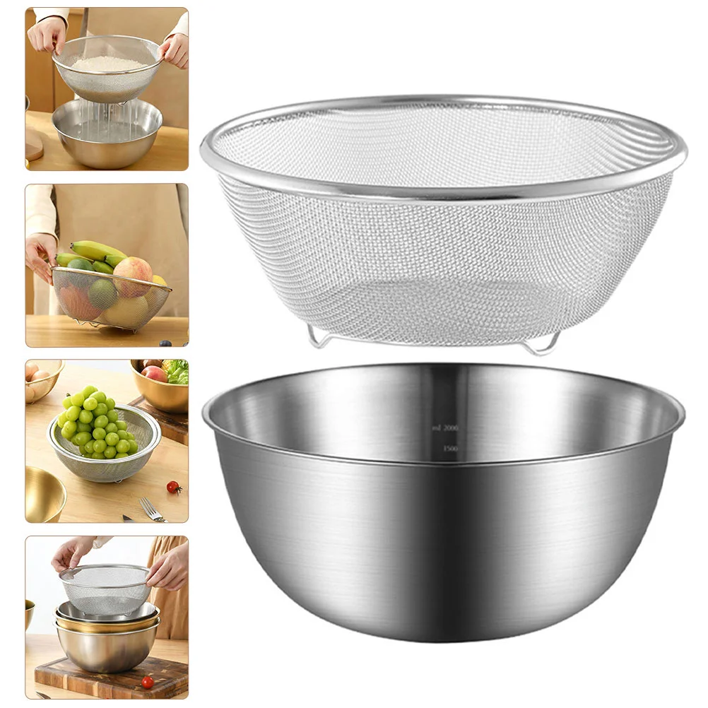 

1 set Stainless Steel Draining Bowl Fine Mesh Strainer For Rice Vegetable Fruit Washing Multi-Functional Kitchen Colander Basin