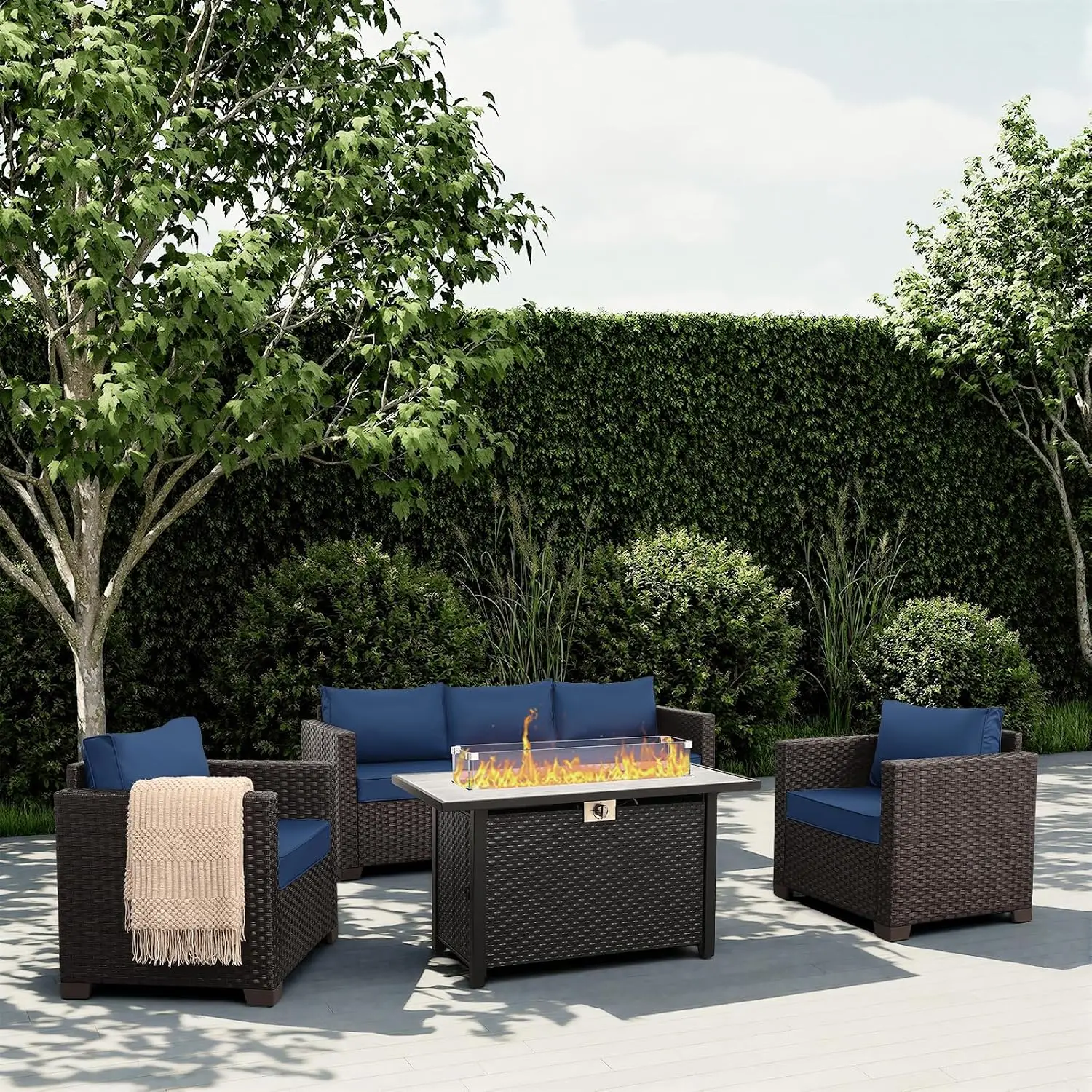 Patio Furniture Set 45 Inch Fire Pit Table Sofa Chair  Propane No-Slip Cushion Waterproof Cover, Customized