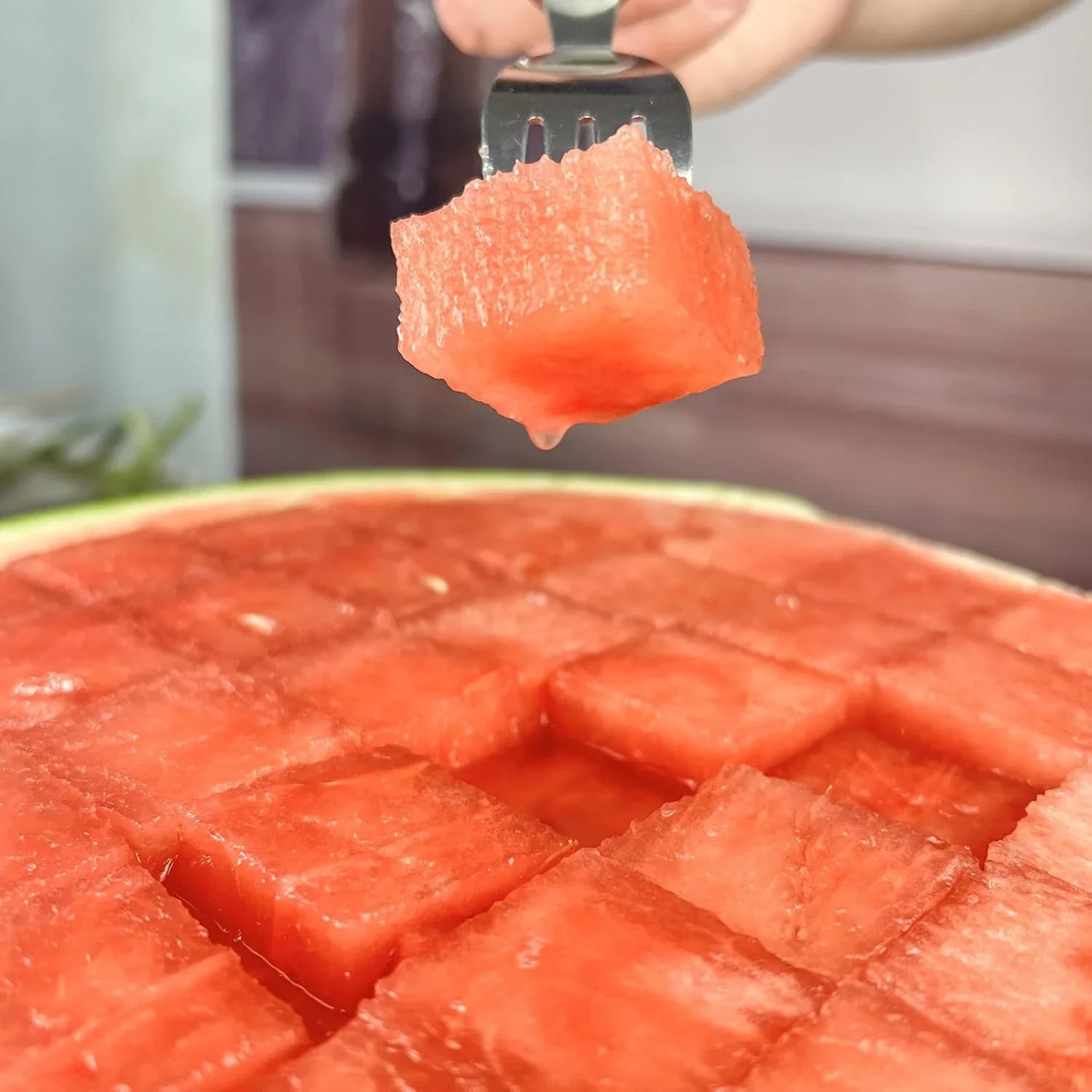 4 عبوات من البطيخ والشوكة 2 في 1، أداة تقطيع فواكه من الفولاذ المقاوم للصدأ مقاس 9.5 بوصة