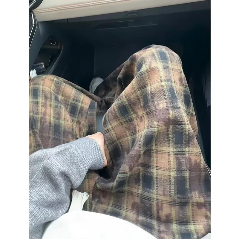 

Trendy Korean Plaid Wide Leg Pants Loose Casual Extended Length Teenager Autumn Winter Fashion Street Style Polyester Cotton ...