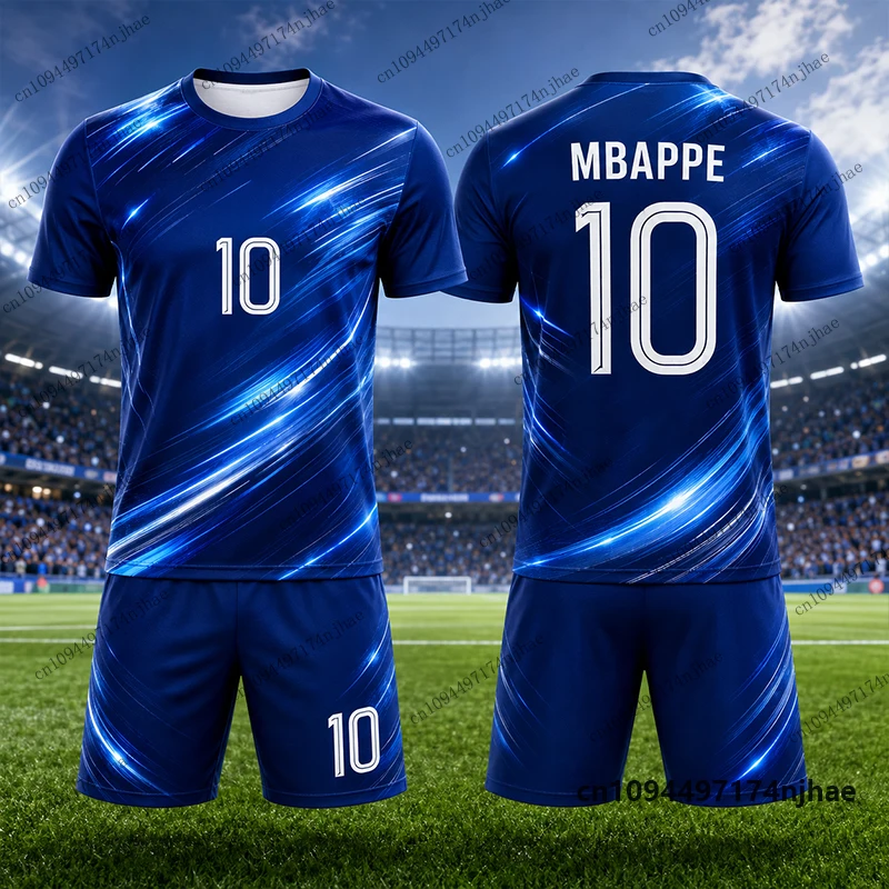 Kinder-Trainingsanzug Fußballtrikot Mbappe Nr. 10 Bedrucktes T-Shirt+Shorts Set Frankreich Fan-Outfit Sportbekleidung Kinder/Erwachsene 2-Teiliges Set – Detail 7