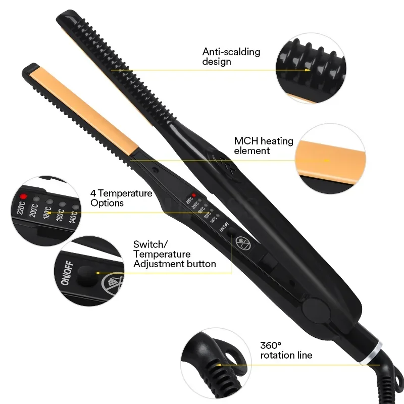 Flat Iron Hair Straightener & Professional Styler  Smoothing Iron Hot Comb Curling Brush 2 in 1 Men Beard Straightening Iron