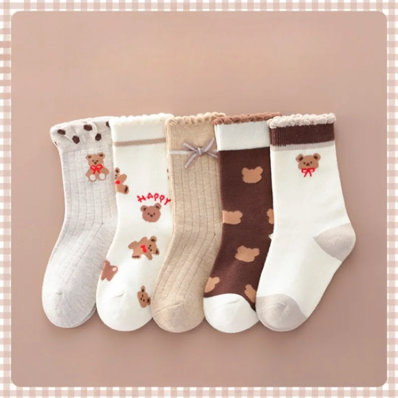 5 Double Spring and Autumn Children Cartoon Print Cute Girl Student Sports Academy Style Comfortable Breathable Mid-tube Socks