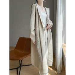 Women's 100% Pure Wool Knitted Cardigan, Thickened, Hooded, Long-Sleeved, Fashionable, Korean Style, Jacket, Autumn/Winter 2024