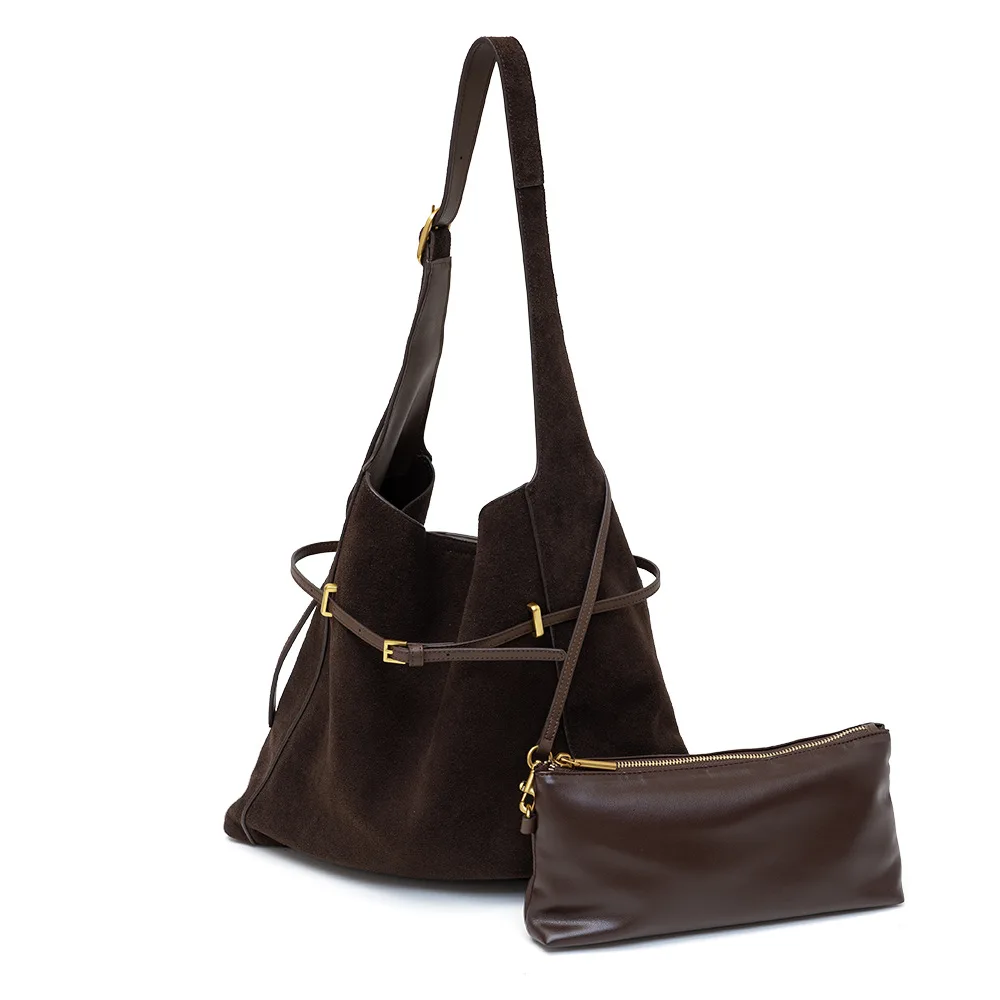 Luxury Suede Tote Bag Women Commuter Bag Crossbody Retro Bucket Single Shoulder Tote Bag Large Capacity Handbag Daily Use Purse