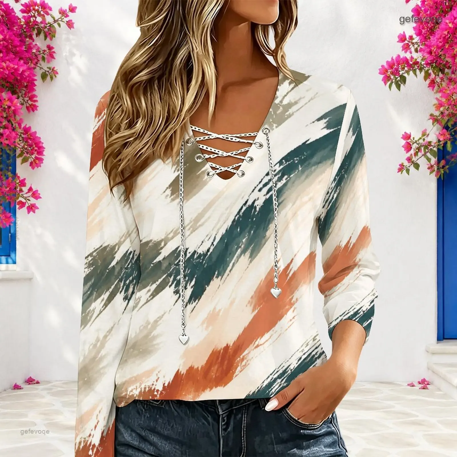 Women Diagonal Brush Stroke Printed V Neck Lace Up Long Sleeve Top