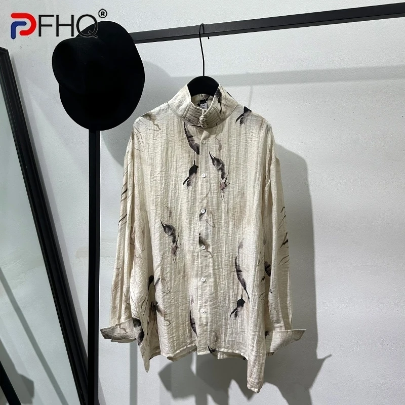 

PFHQ Chinese Style Half High Collar Tops Tide Button Loose Long Sleeve Print Luxury Thin Shirt Summer Men's Creativity 21Z4889