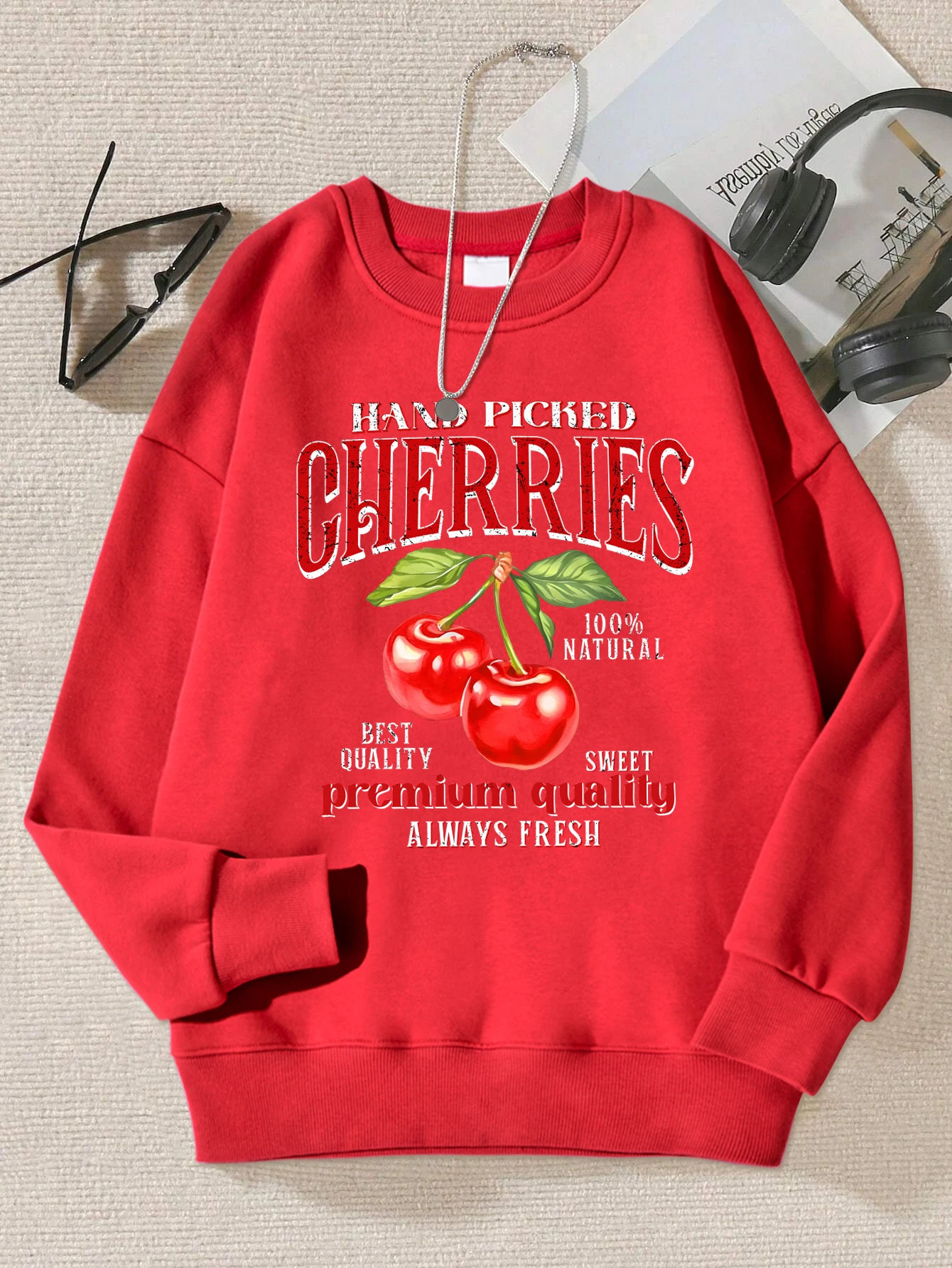 Hand Picked Cherries Printing Women Sweatshirt Simple Casual Pullover Fashion Autumn Streetwear Warm Fleece Female Clothing