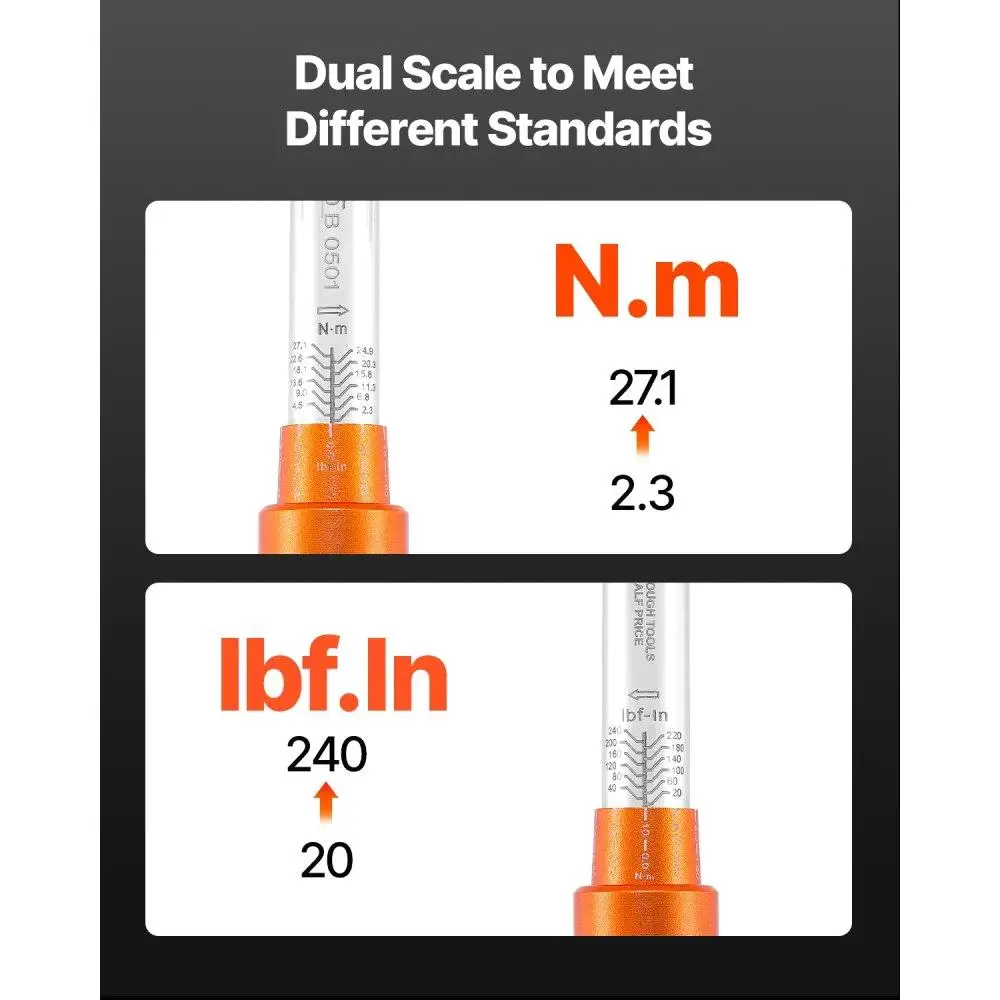 Click Wrench Set 1/4 Inch Drive 20 to 240 lbf-in Adjustable Tool for Mechanics 72 Tooth Orange Finish