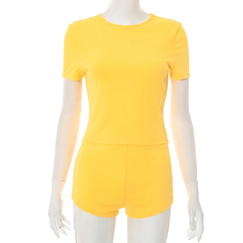 ผู้หญิง Ribbed 2 ชิ้นชุดลําลอง O-คอสั้นเสื้อยืดเสื้อและกางเกงขาสั้น Slim Streetwear ชุดการจับคู่