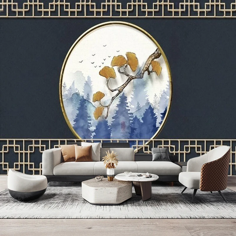 New Chinese-Style Classical Stained Glass With Ginkgo Tree Branch Relief Pattern And Forest Wallpaper Design For The Library