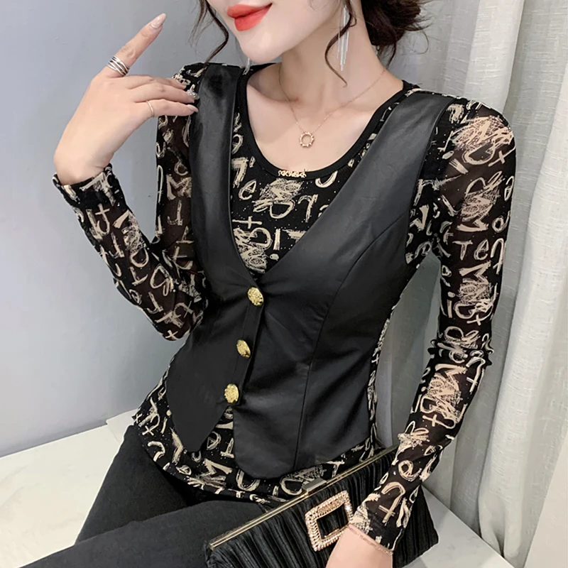 Faionable Long Sve Base irt femmes Sle automne saison Version coréenne coupe ajustée v-ne motif tissu Polyester créatif