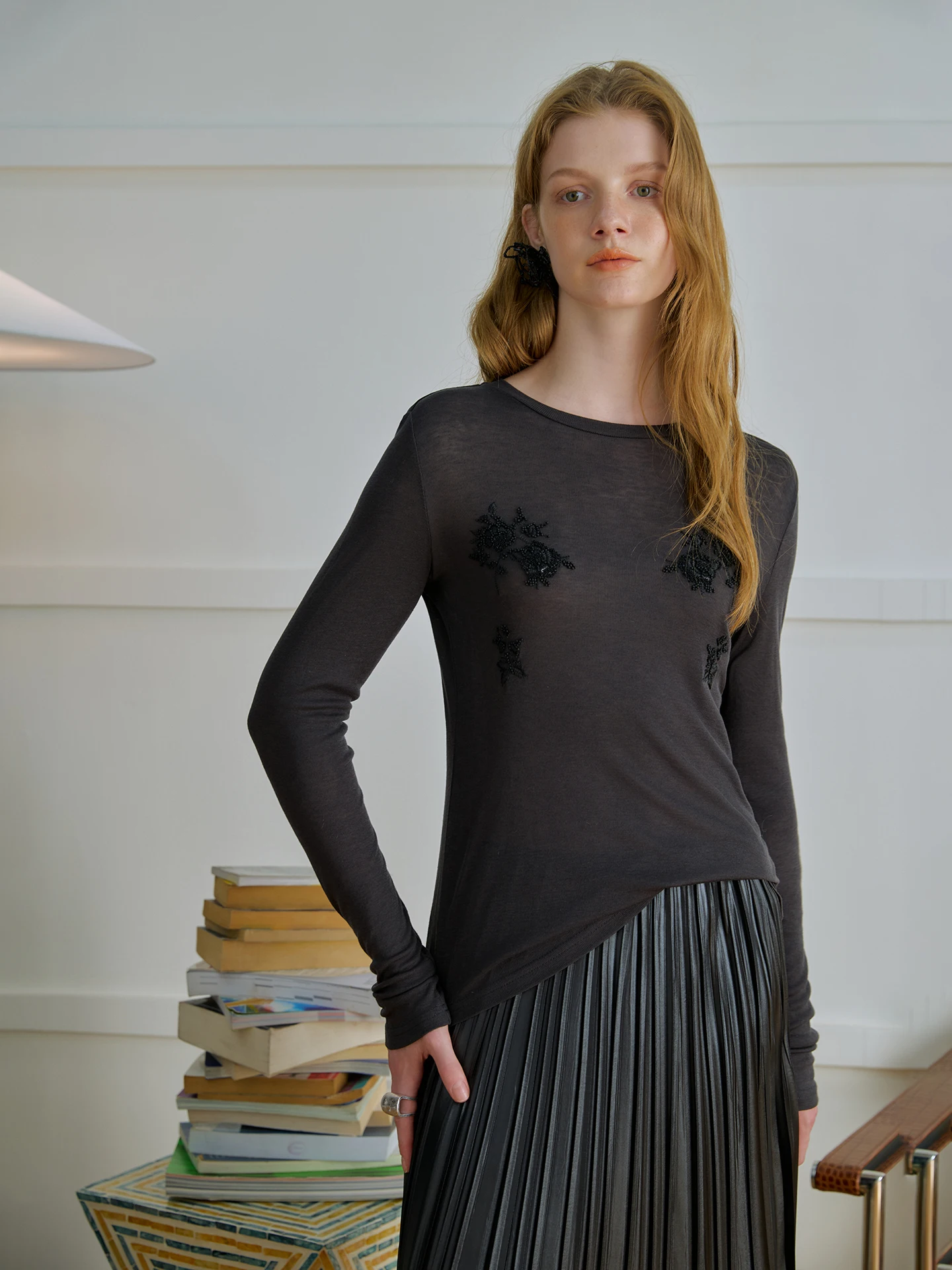 

Oz Beaded Embroidery Long Sve Slim Fit Thin Wool T-irt Women's Autumn Winter Base irt Comfortable Lenzing Wool