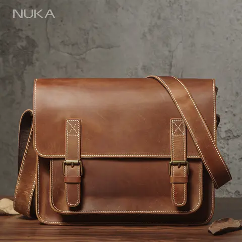NUKA Retro Genuine Leather Messenger Bag Crazy Horse Cowhide Shoulder Bag Men And Women High Quality Luxury Brand Crossbody Bags
