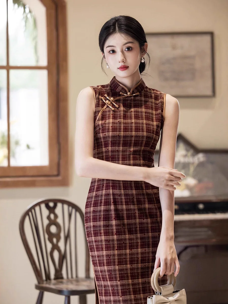 ele-plaid-cotton-linen-brued-casual-dr-svel-midi-qipao-dr-for-daily-wear-autumn-season-high-end-feel