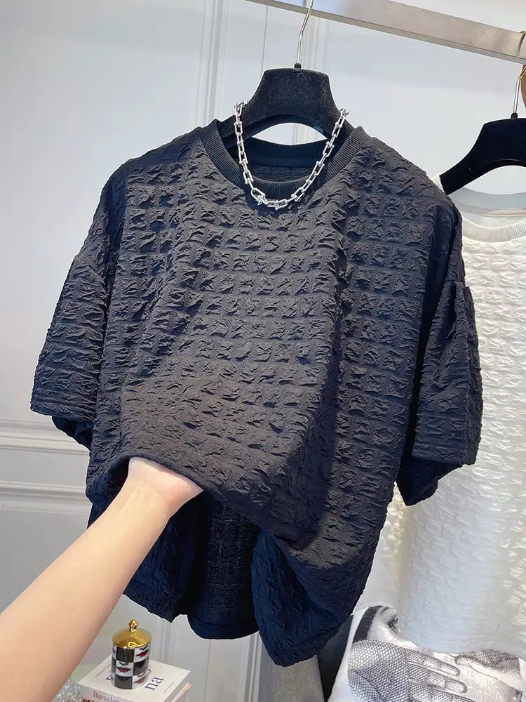 Fashionable and versatile casual pleated texture,  design, short sleeved T-shirt  women t shirt  harajuku